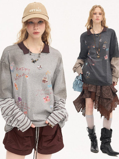 Cartoon Sticker Long Sleeve T-shirt【s0000015894】