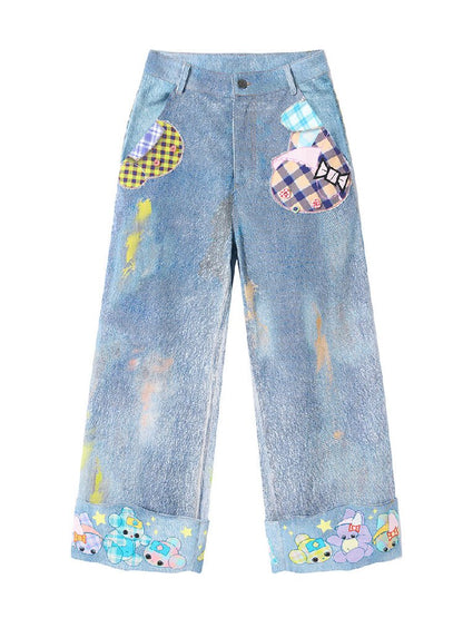 Hand Painted Patchwork Cotton Jeans【s0000016189】