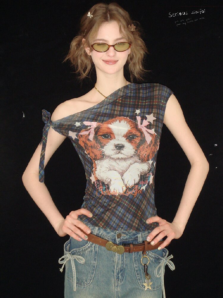 Plaid Print Off Shoulder T-Shirt【s0000016613】