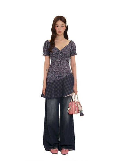 Plaid bubble sleeve top/dress【s0000013456】