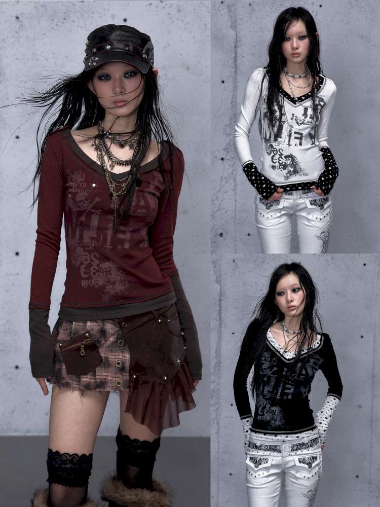 Retro Punk V-Neck Stretch T-Shirt【s0000014928】