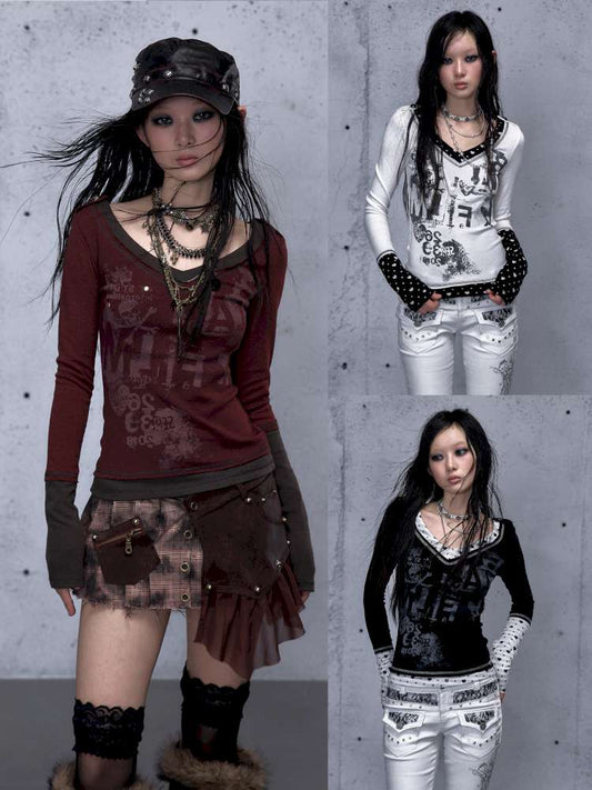 Retro Punk V-Neck Stretch T-Shirt【s0000014928】