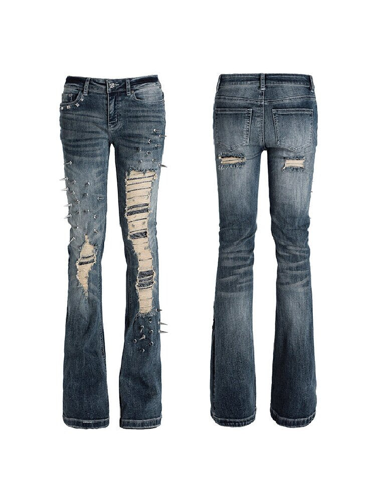 Spiked Snake Print Ripped Jeans【s0000018560】