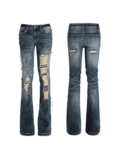Spiked Snake Print Ripped Jeans【s0000018560】