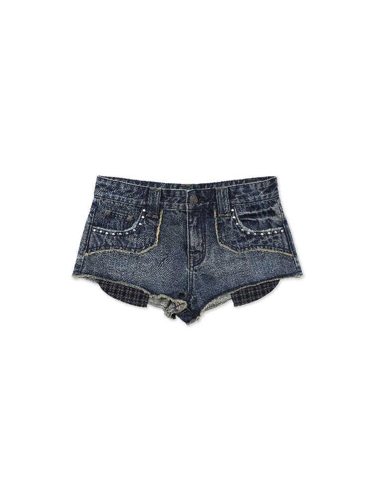 Riveted Plaid Fabric Denim Shorts【s0000017427】