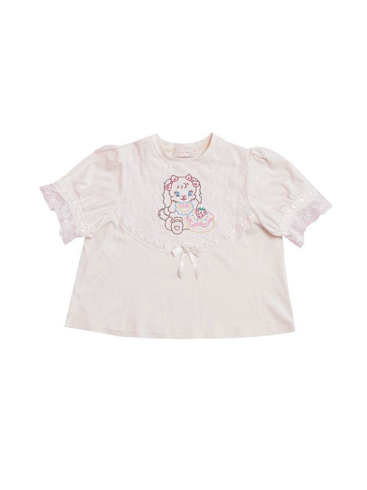 Lace Ribbon Bubble Sleeve T-Shirt【s0000012014】