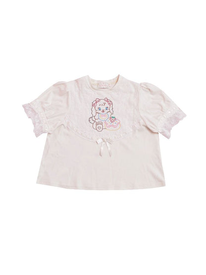 Lace Ribbon Bubble Sleeve T-Shirt【s0000012014】