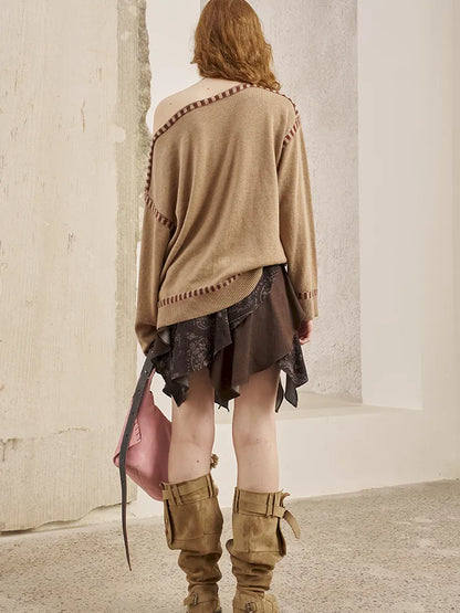 Off-the-shoulder poncho print knit sweater【s0000014063】