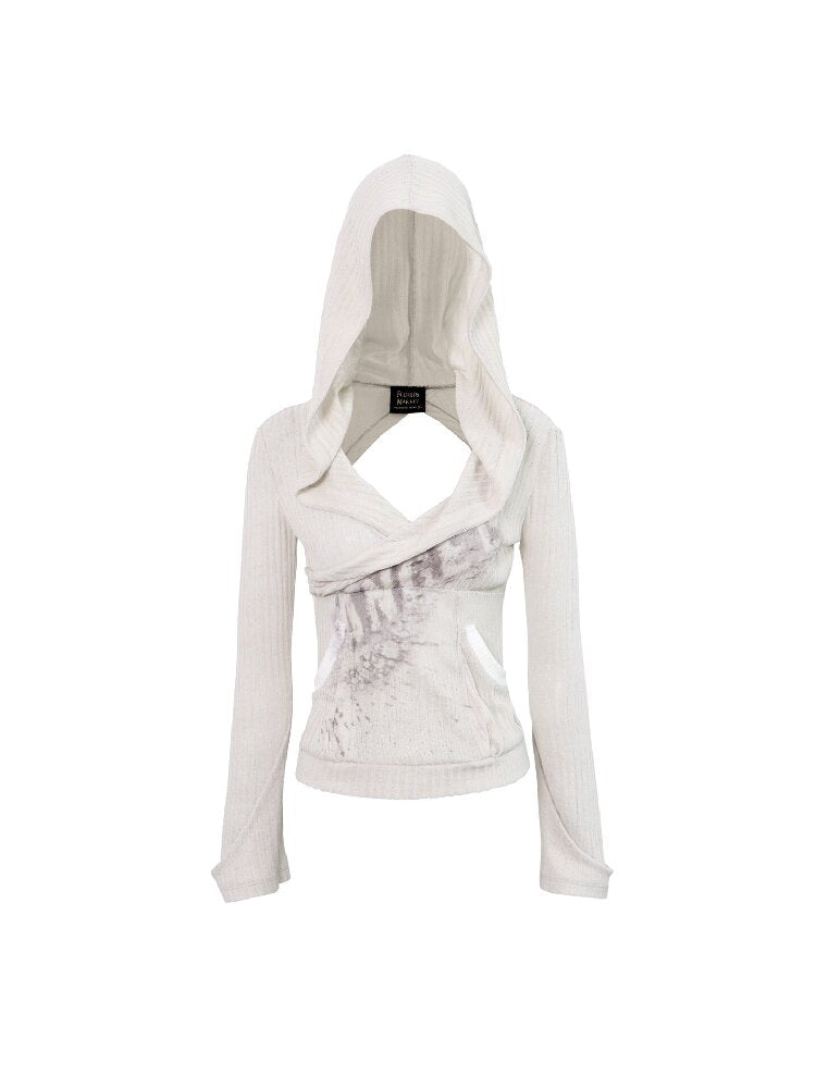 Two-Tone Crossover Print Hooded Top【s0000016062】