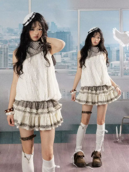 Plaid Ruffled Lace Short Sleeve Top【s0000016537】