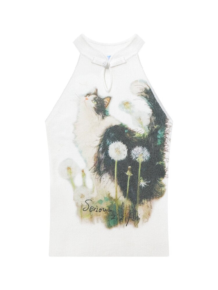 Halter Neck Cat Print Knit Vest【s0000017313】