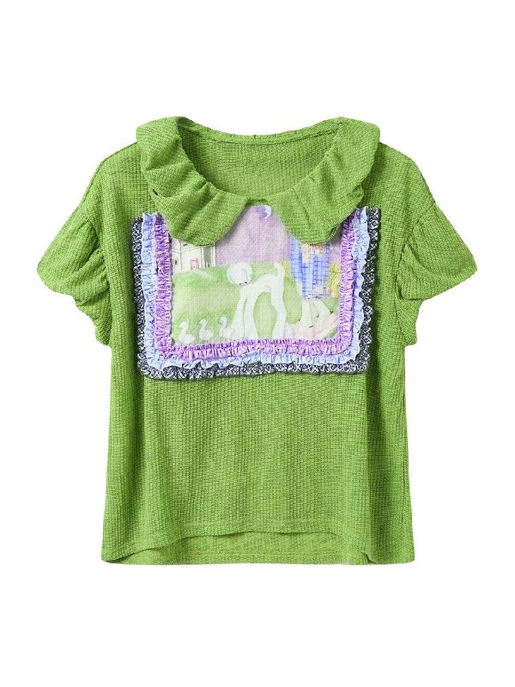 Hand Painted Print Lace Pleated Top【s0000017121】