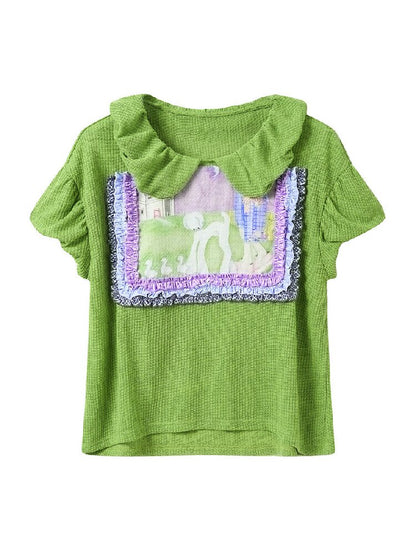 Hand Painted Print Lace Pleated Top【s0000017121】