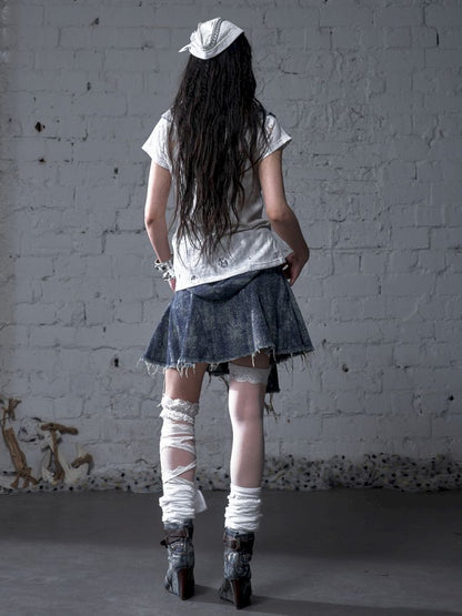Faux two-piece distressed short-sleeved T-shirt【s0000012790】