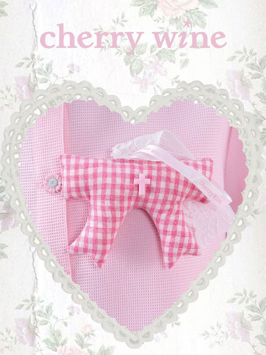 Pink Plaid Cotton Filled Bow Charm【s0000009334】