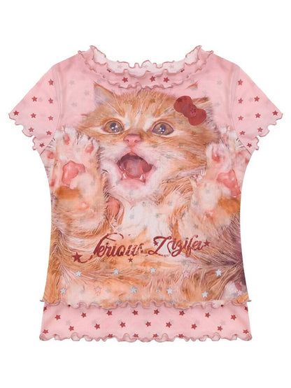 Summer Mesh Cat Print T Shirt【s0000017163】