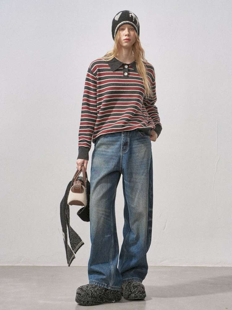 Cotton-wool Striped Polo Jumper【s0000015417】