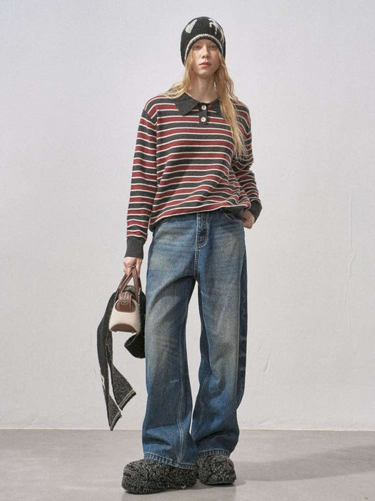 Cotton-wool Striped Polo Jumper【s0000015417】
