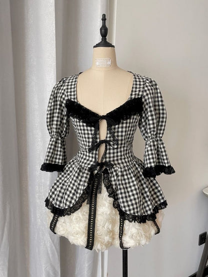 Plaid Lace Tie Bubble Sleeve Rose Set【s0000012437】