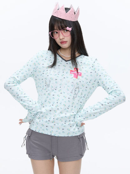 Full Print V Neck Long Sleeve Top【s0000016406】