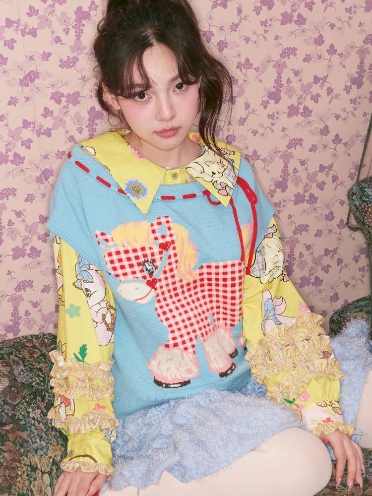 Blue Red Plaid Pony Knit Vest【s0000015023】