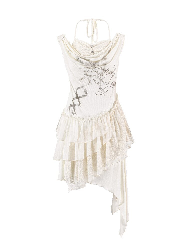 Strap Print Lace Ruffled Dress【s0000016214】