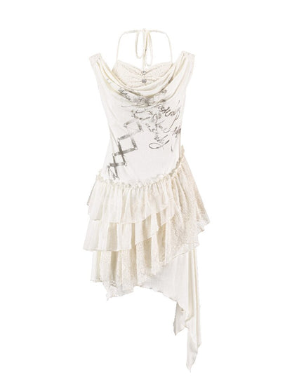 Strap Print Lace Ruffled Dress【s0000016214】