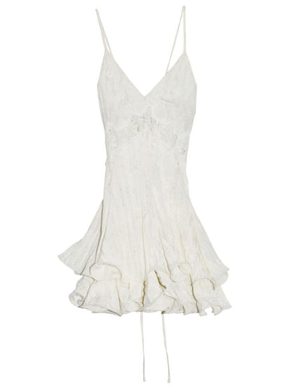 Hollowed out lace cream white girly halter dress【s0000013215】