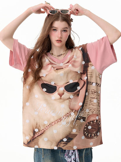 Wave Cat Print Loose Short Sleeve T【s0000017670】