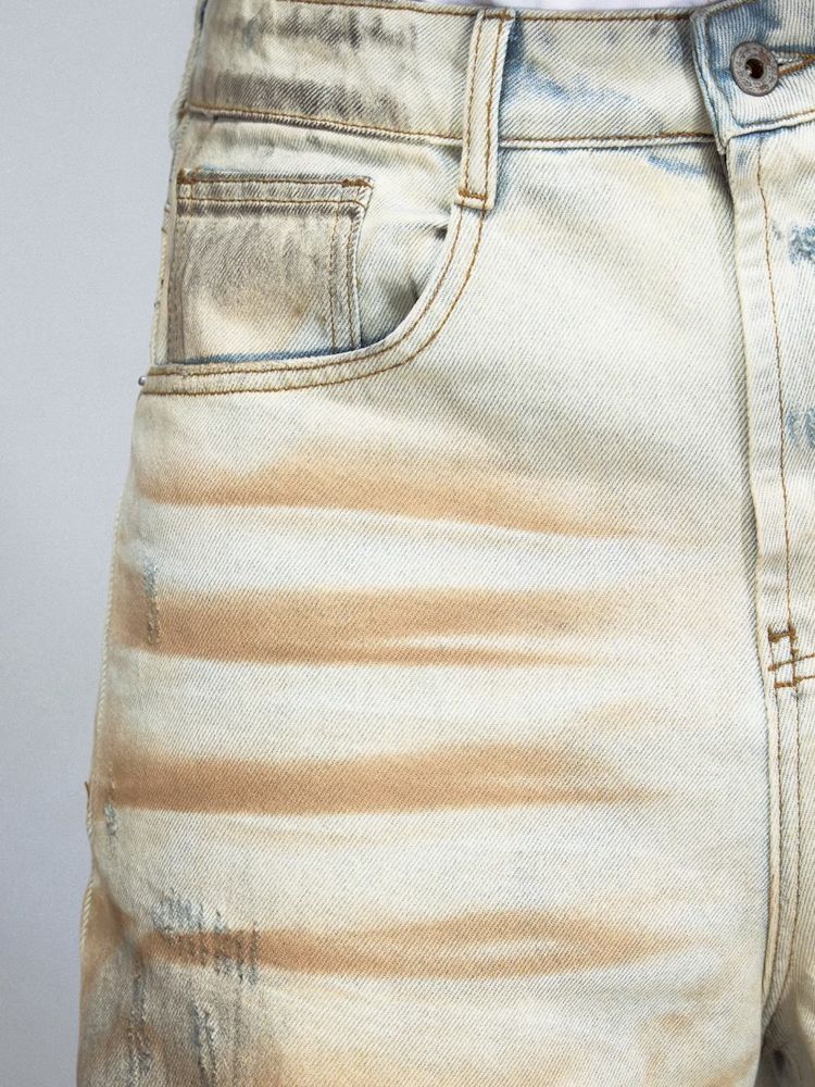 YELLOW MUD DYED WASHED OLD WORN HOLES STRAIGHT JEANS [S0000008491]