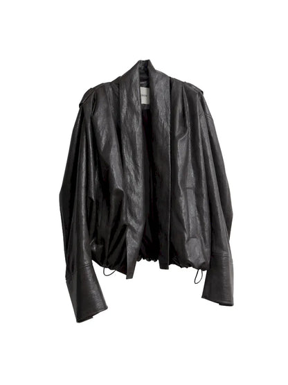 Pleated Silhouette Ebony Brown Faux Leather PU Jacket【s0000014032】