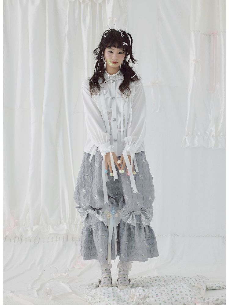 Bow Ribbon Pleated Cute Metal Button Blouse【s0000004650】