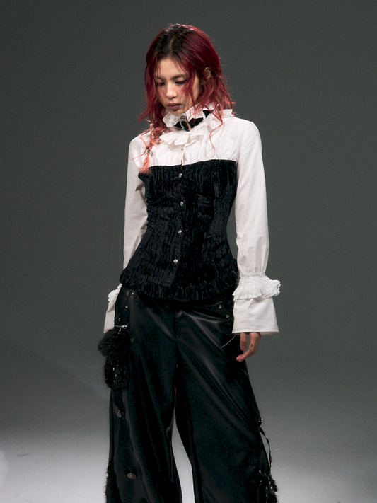 Lace Strappy Flared Velvet Shirt【s0000015014】