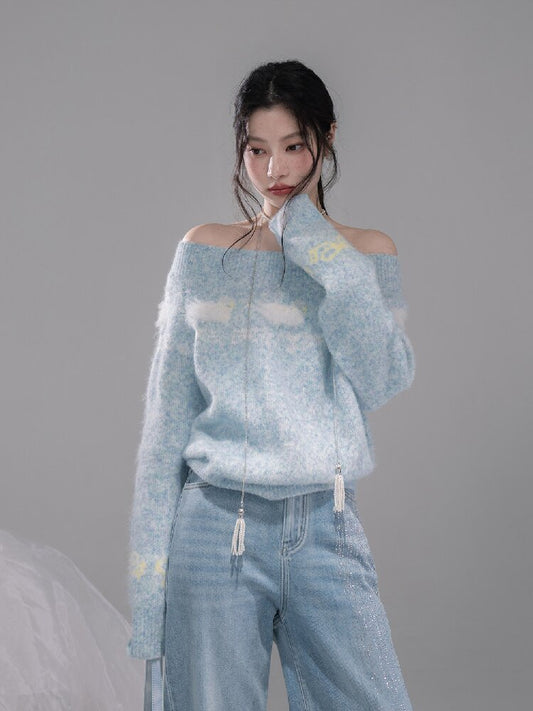 Blue One-Shoulder Jacquard Sweater【s0000015736】