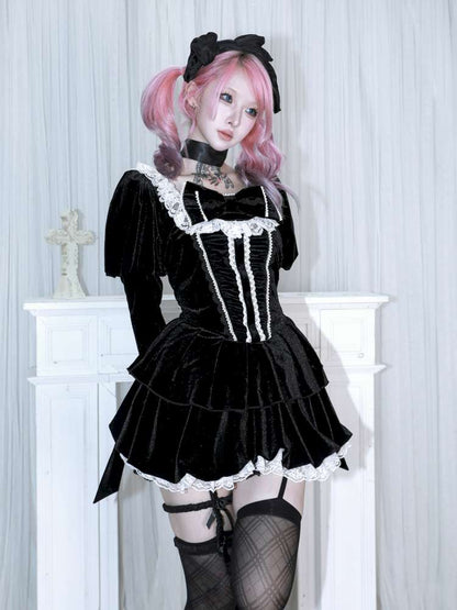 Bow Black Velvet Paneled Lace Dress【s0000014680】