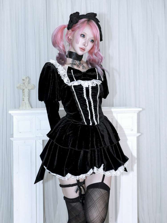 Bow Black Velvet Paneled Lace Dress【s0000014680】
