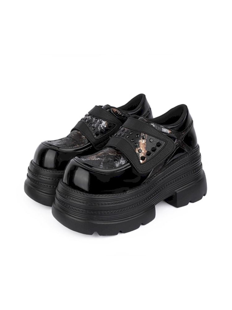 Rivets dark black small leather shoes【s0000013709】