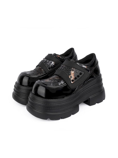 Rivets dark black small leather shoes【s0000013709】