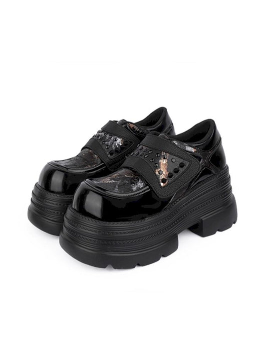 Rivets dark black small leather shoes【s0000013709】