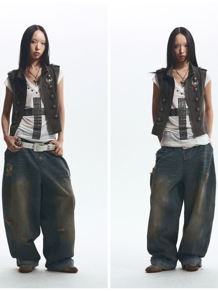 Distressed loose cuffed jeans【s0000012685】