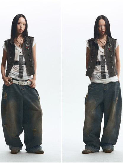 Distressed loose cuffed jeans【s0000012685】