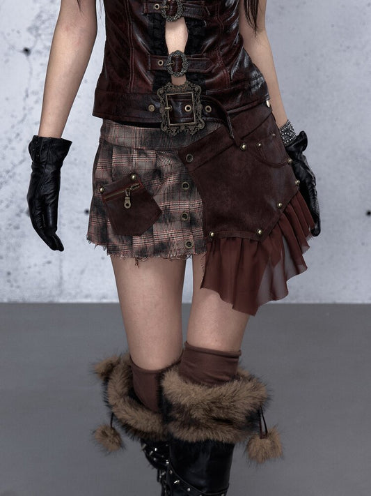 Plaid Stitching Leather Skirt【s0000015546】
