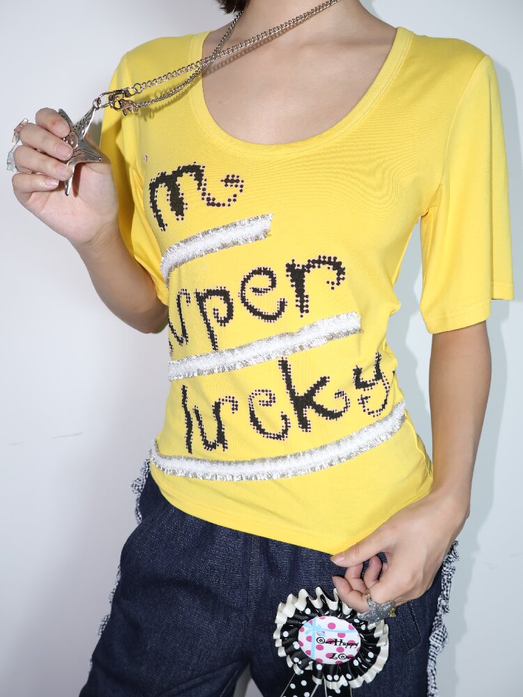 Lucky Slogan Lace Print U-Neck Top【s0000018686】