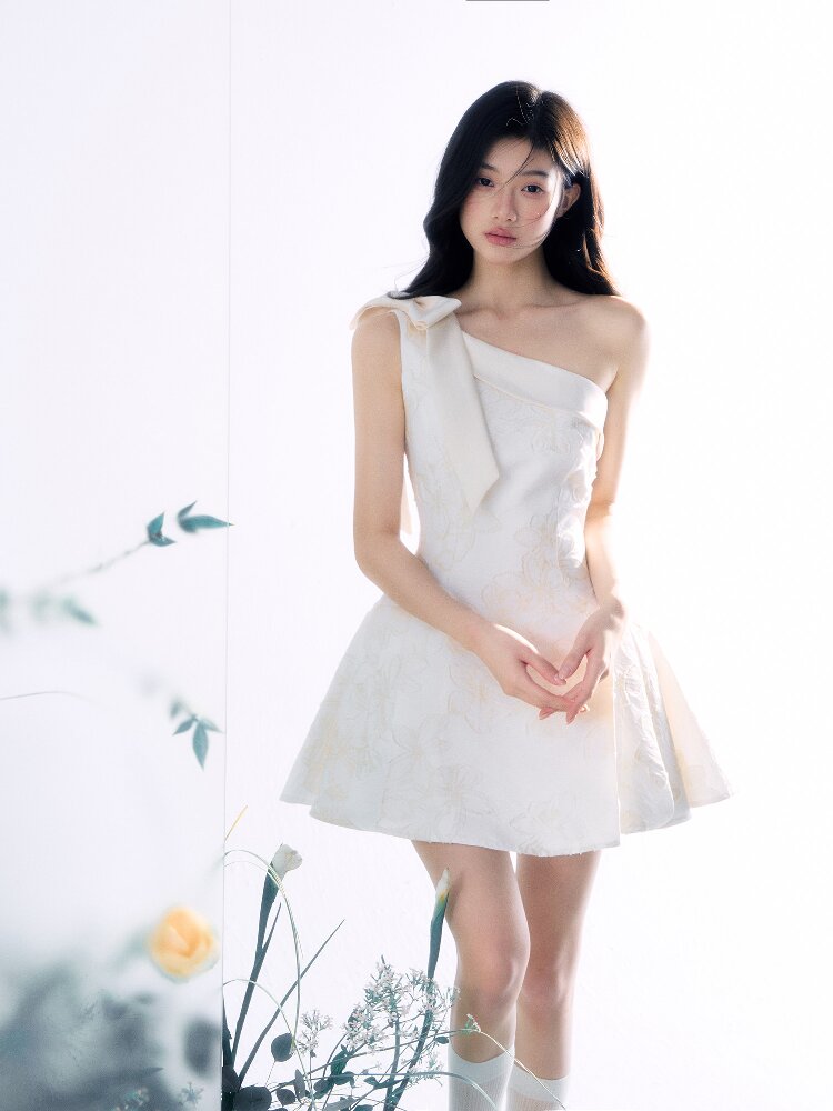 Flower Texture Bow Mini Dress【s0000015916】