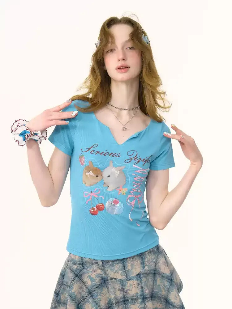 V-neck Rabbit Print Slim Thin Tops【s0000012252】