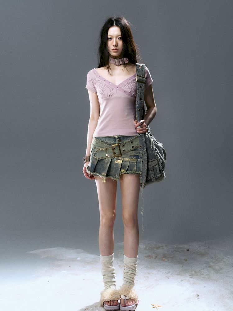 Denim pleated skirt pants【s0000012806】