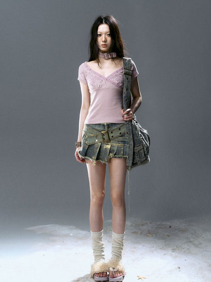 Denim pleated skirt pants【s0000012806】