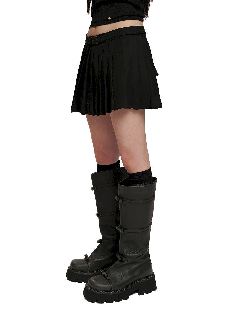 Square Buckle Adjustable Tie Bow Pleated Skirt【s0000012533】