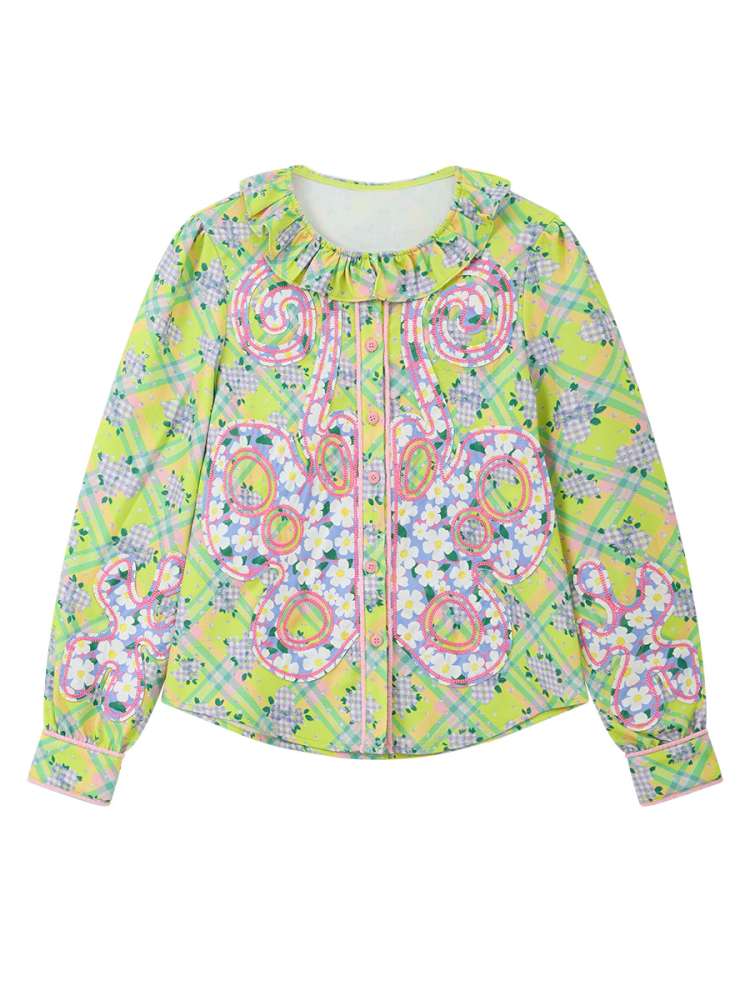 Green Patch Butterfly Floral Plaid Shirt【s0000014819】