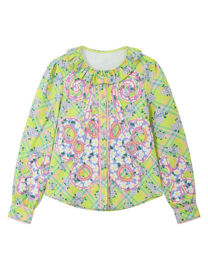 Green Patch Butterfly Floral Plaid Shirt【s0000014819】